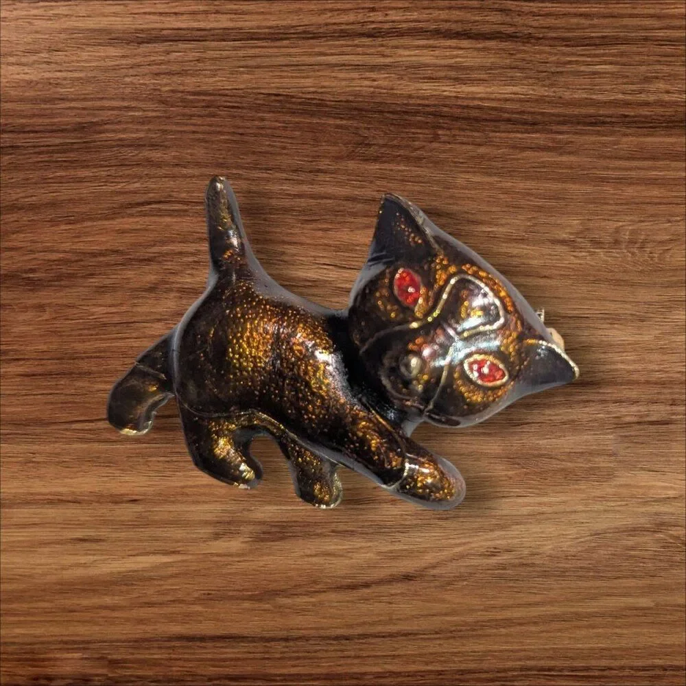 Vintage Brown Gold Glitter Enamel Kitten Cat Brooch Red Rhinestone Eyes Pin